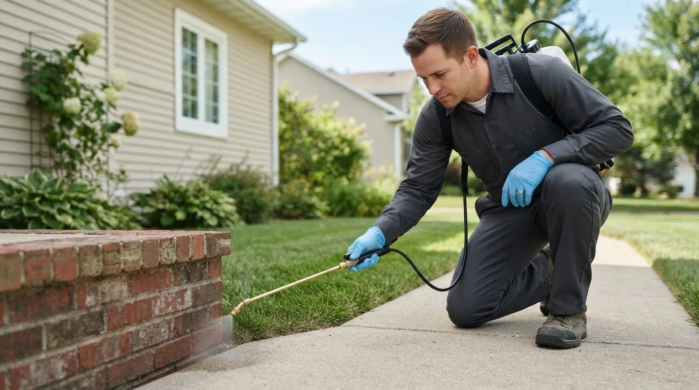 Pest control technician treating a home near Saint Helen, MI